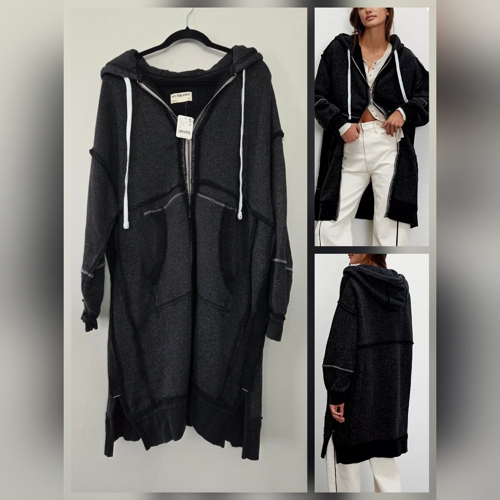 Free People We The Free Long Line Cardi Washed Black Combo - Picture 1 of 13